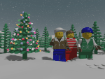 (three minifigs caroling next to a lighted tree)
