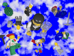 (Minifigs falling past a bright blue sky)
